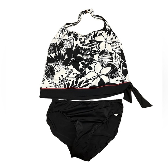 Caribbean Joe Two Piece Halter Tankini Swimsuit Black/White Floral Size 16 - Picture 1 of 5